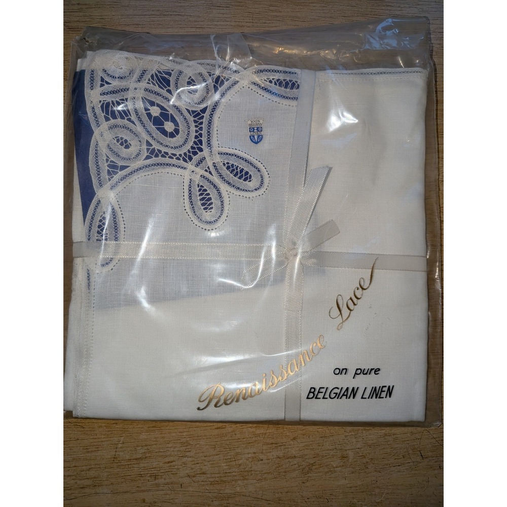 Lace 100% Belgian Linen White Tablecloth Corner & Center Detail & 4 Napkins NEW - Picture 3 of 9
